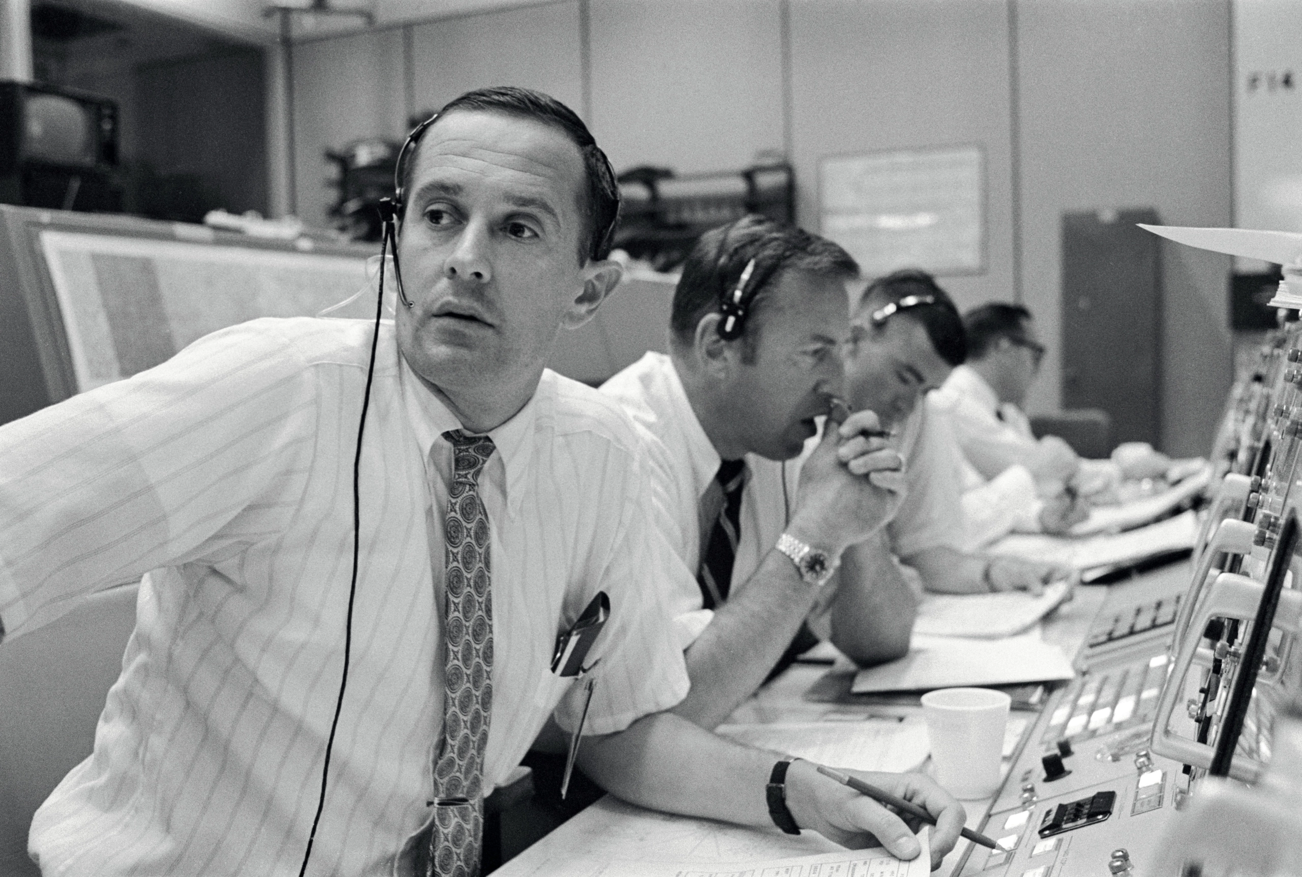 NASA astronauts keep contact with Apollo 11 at the Mission Control Center in Houston on July 20, 1969.