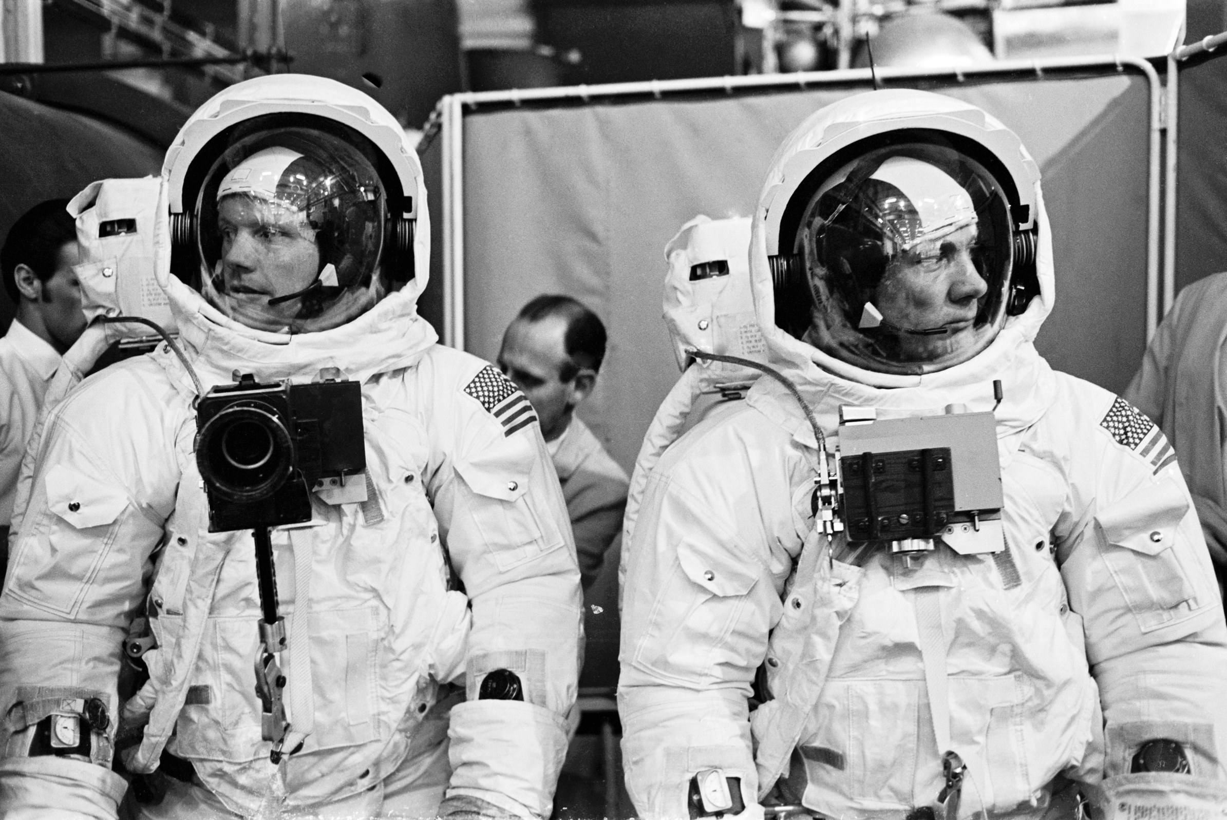 Astronauts Neil Armstrong (L) and Buzz Aldrin (R) pictured during extravehicular activity training in April 1969.