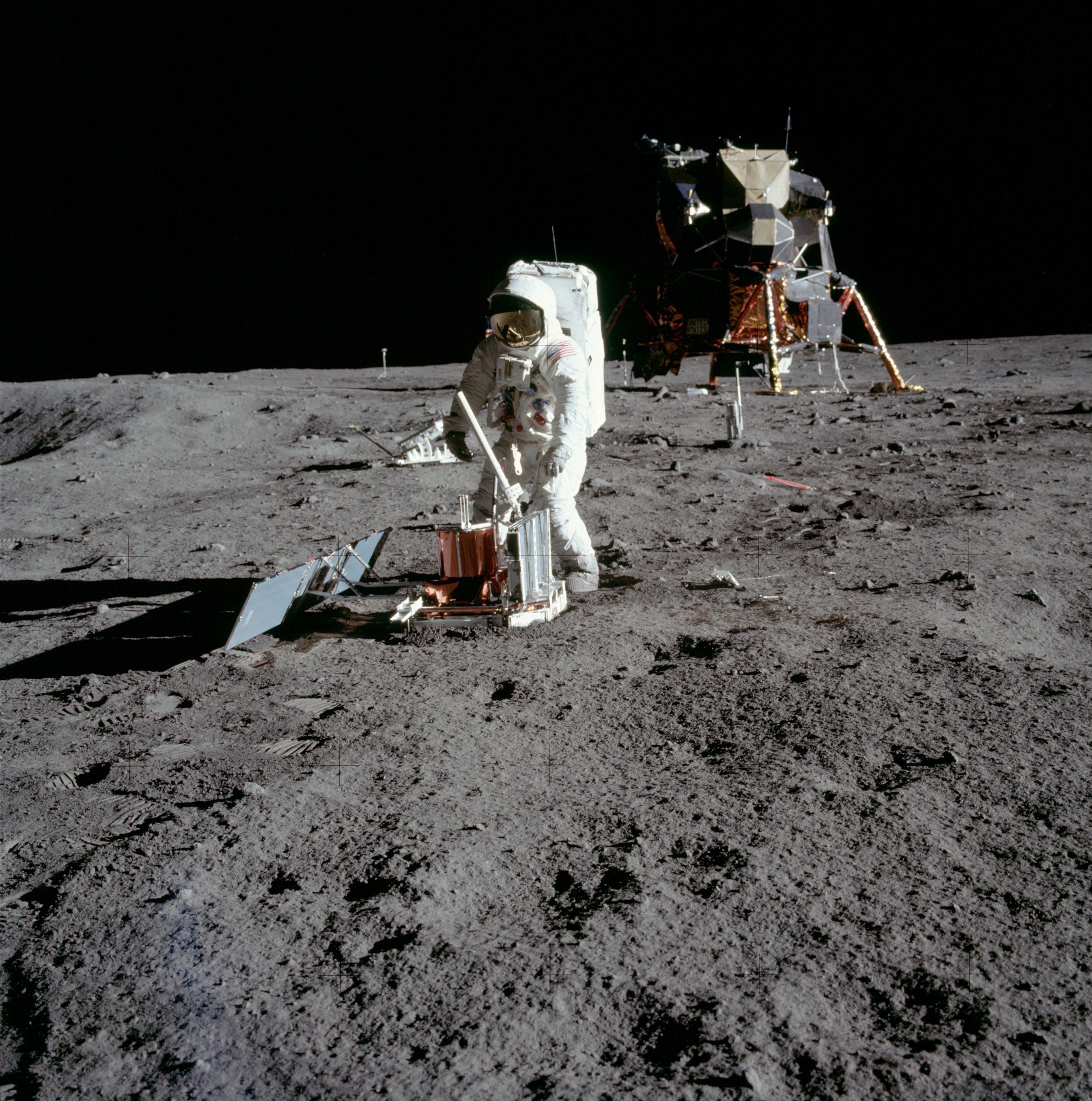 Astronaut Buzz Aldrin installs a seismograph on the Moon surface on July 21, 1969.