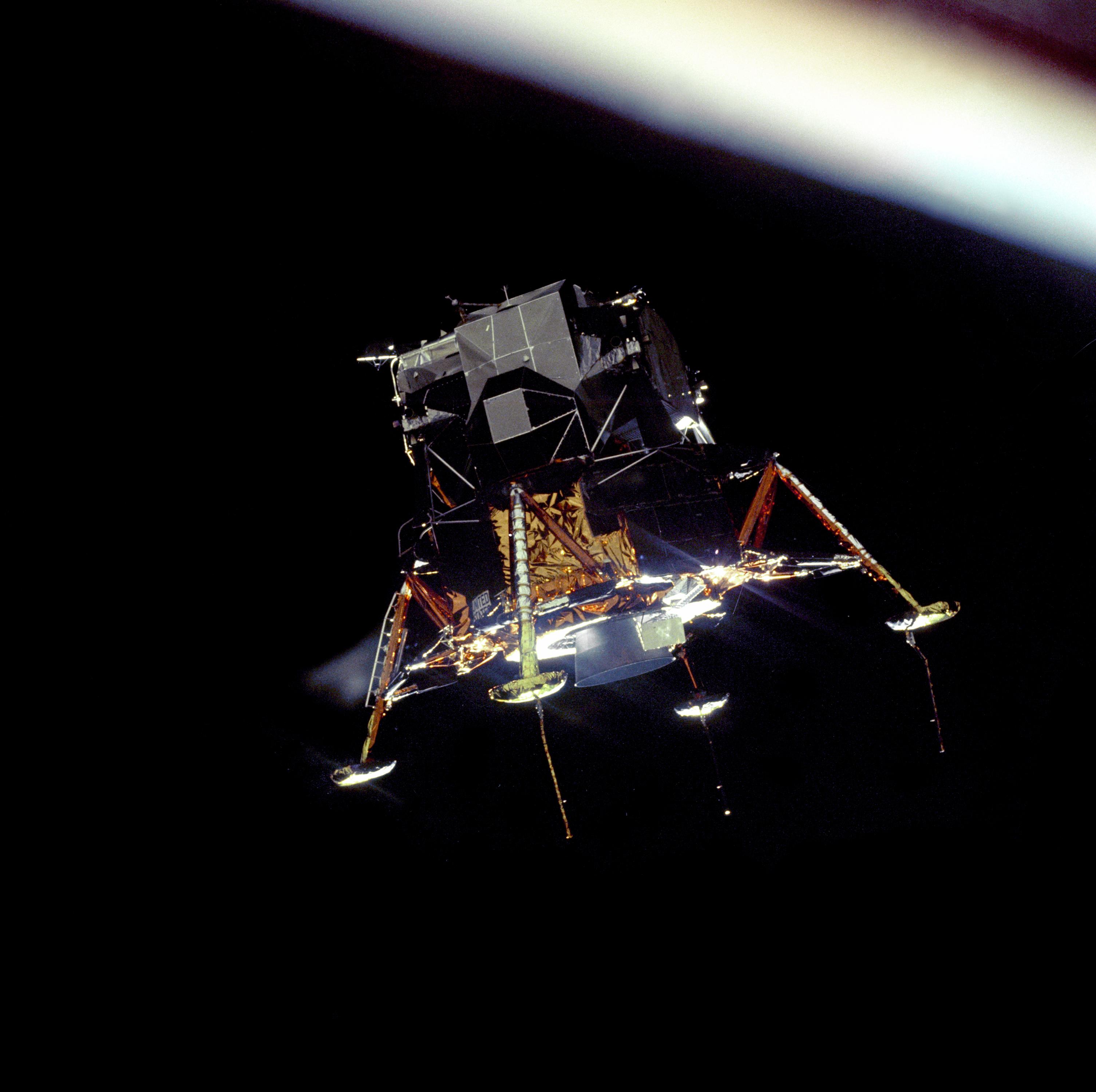 The Eagle lunar module heads out to the Moon surface shortly after being jettisoned from the Apollo 11 command and service module on July 20, 1969.