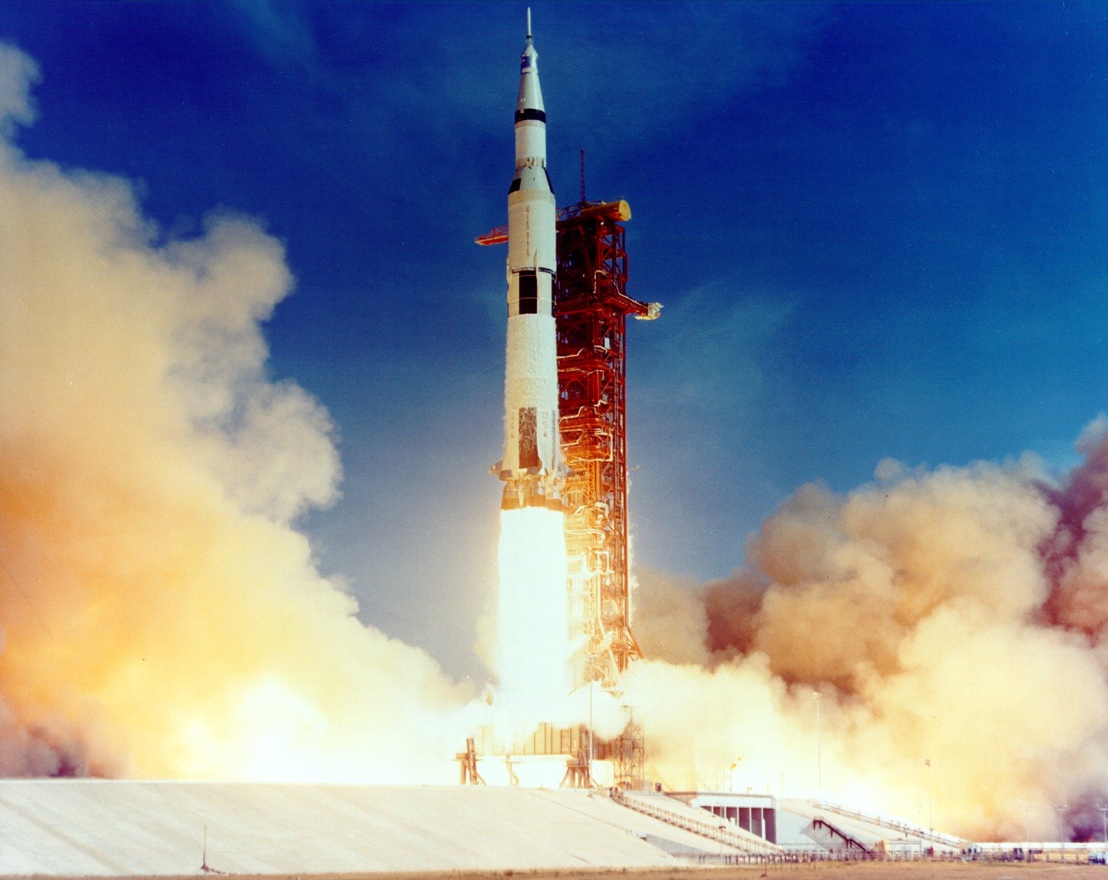 Saturn V vehicle carrying Apollo 11 mission to the Moon gets launched at the Kennedy Space Center on July 16, 1969.