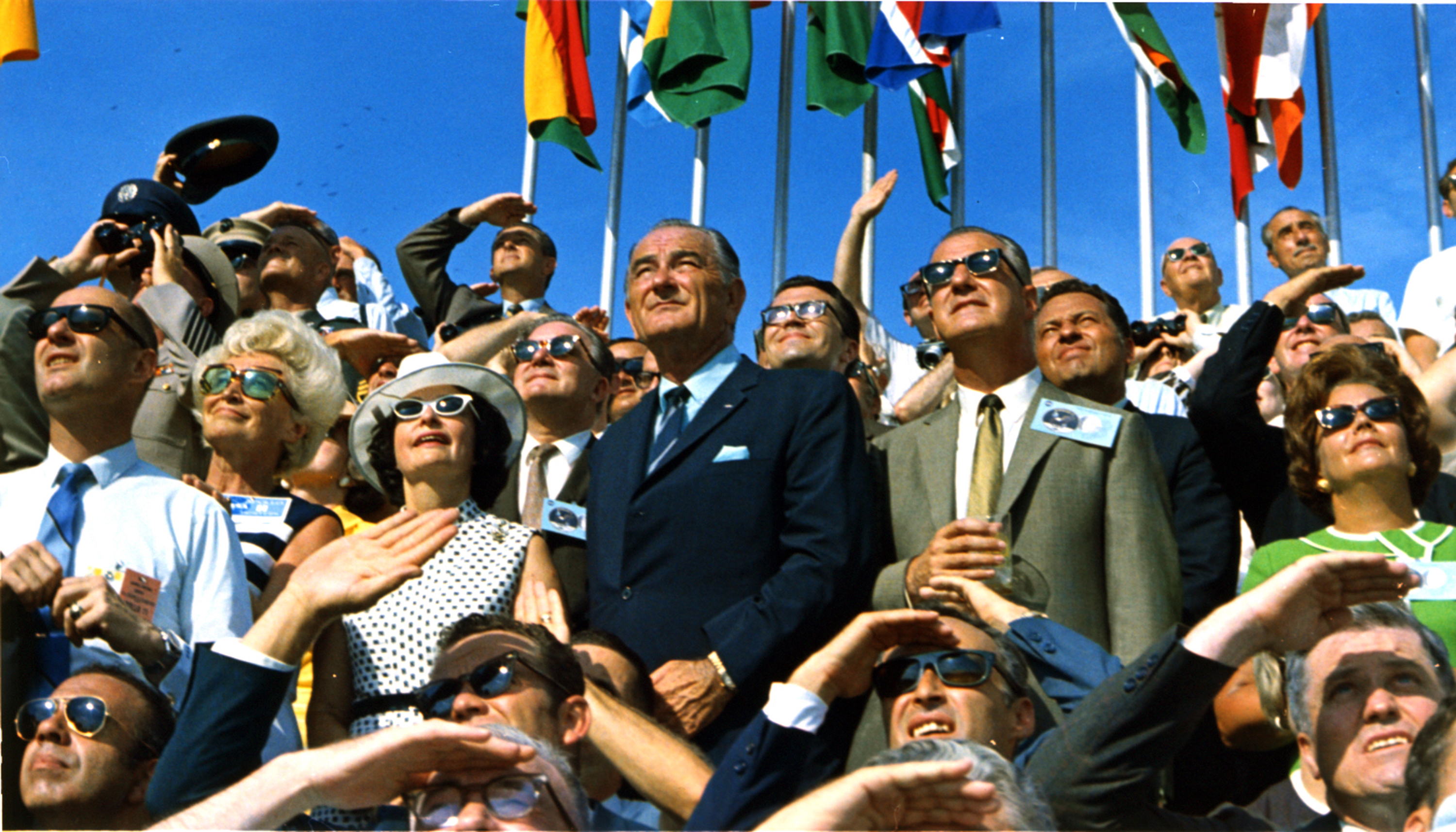 Former U.S. President Lyndon B. Johnson and then-current Vice President Spiro Agnew are among the spectators at the launch of Apollo 11 at Kennedy Space Center on July 16, 1969.