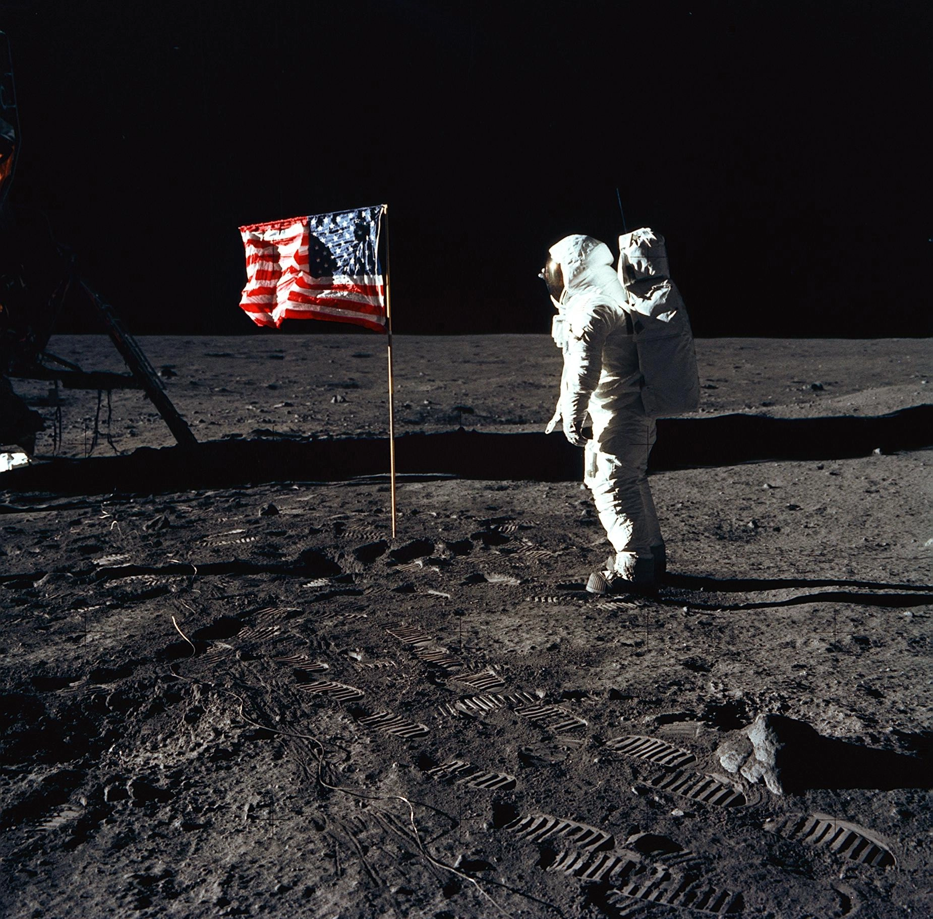 Astronaut Buzz Aldrin salutes the U.S. flag erected on the Moon surface as part of the Apollo 11 mission on July 21, 1969.