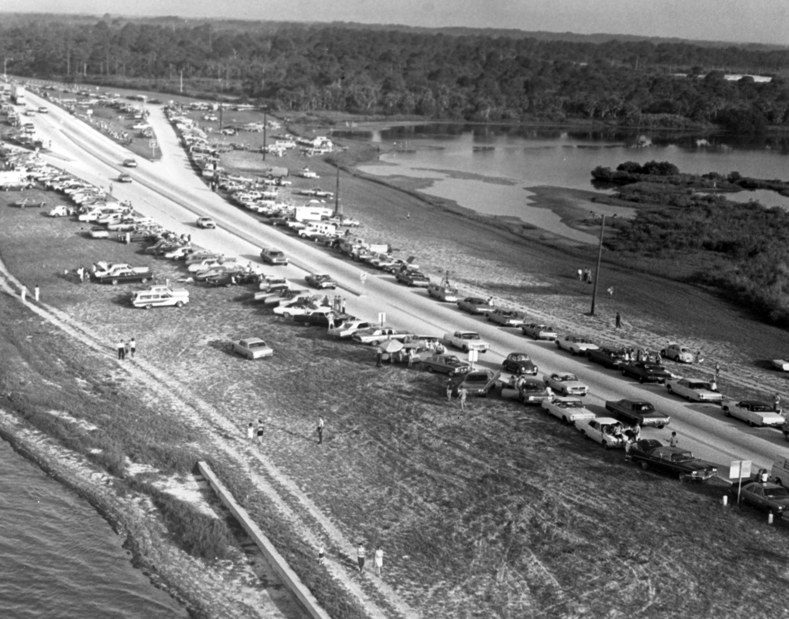 Thousands of visitors arrive at the Kennedy Space Center to see the Apollo 11 launch on July 16, 1969.