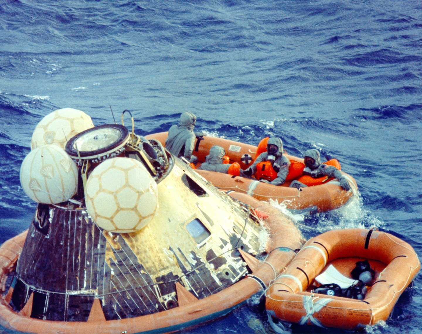 The Apollo 11 command module recovered by U.S. Navy personnel after the spacecraft&#8217;s splashdown in the Pacific Ocean on July 24, 1969.