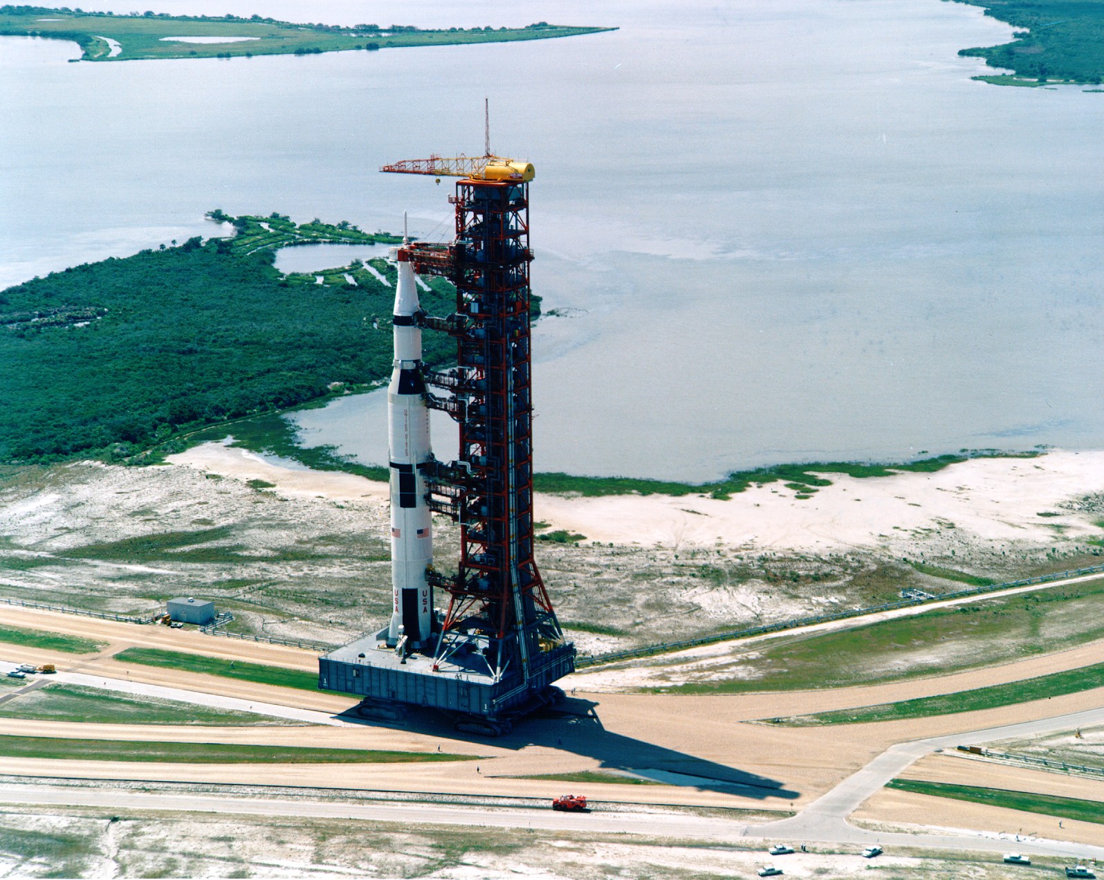 The Saturn V launch vehicle is transported a launch pad at the Canaveral Cape space center on May 20, 1969.