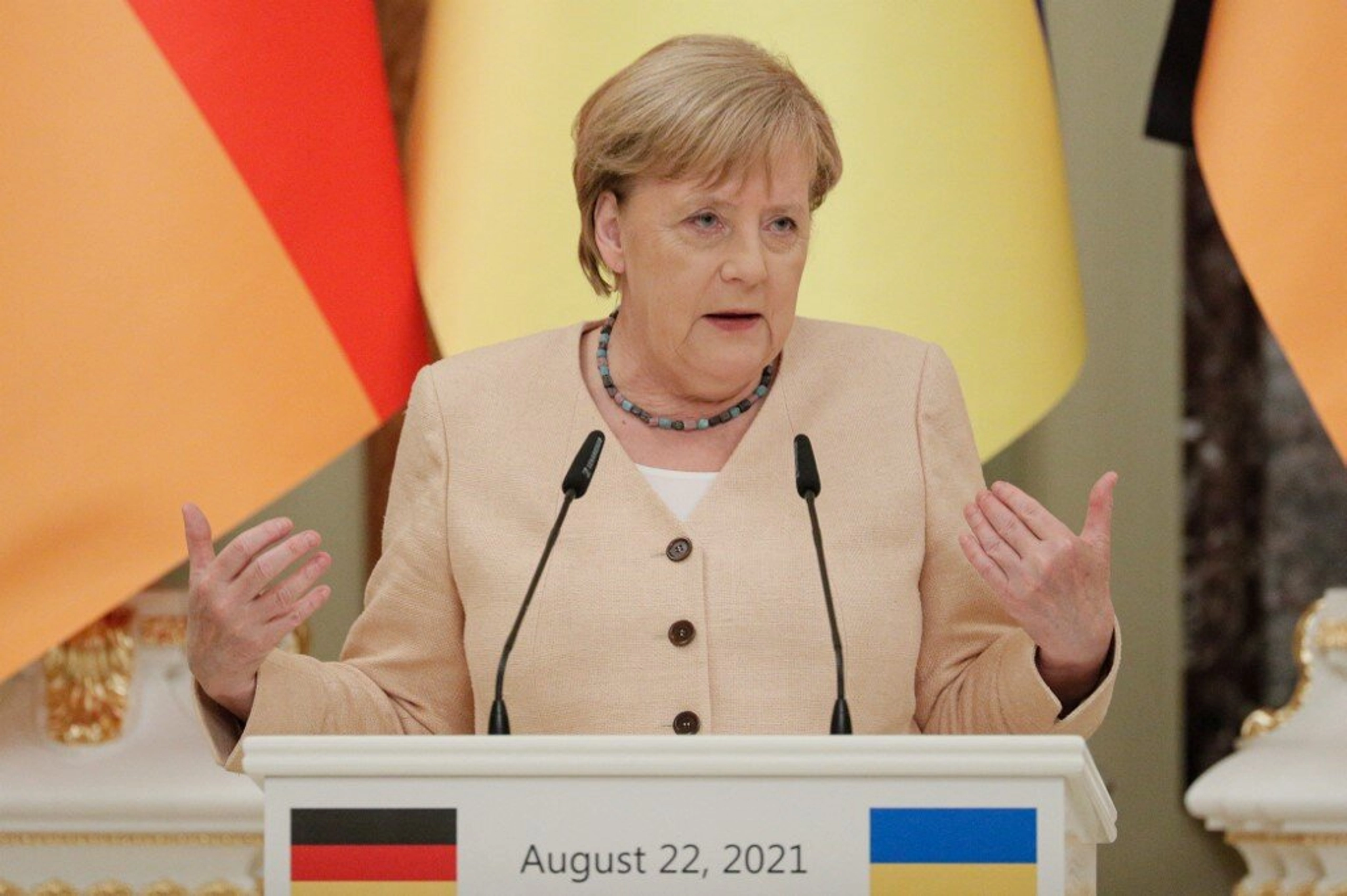 German Chancellor Angela Merkel gives a joint news conference with Ukrainian President following their talks at the Maryinsky Palace in Kyiv, on August 22, 2021. 