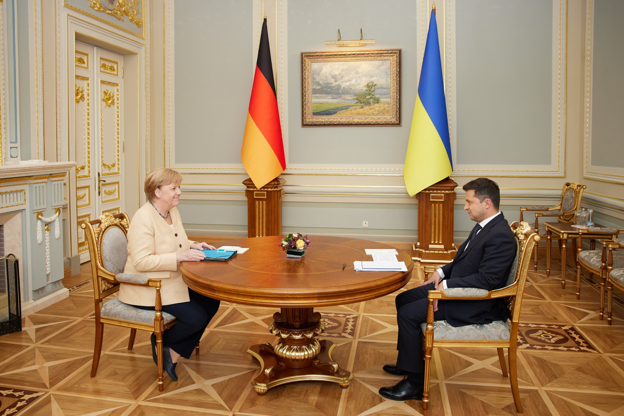 German Chancellor Angela Merkel and Ukrainian President Volodymyr Zelensky meet at the Mariinsky Palace in Kyiv, on Aug. 22, 2021. 