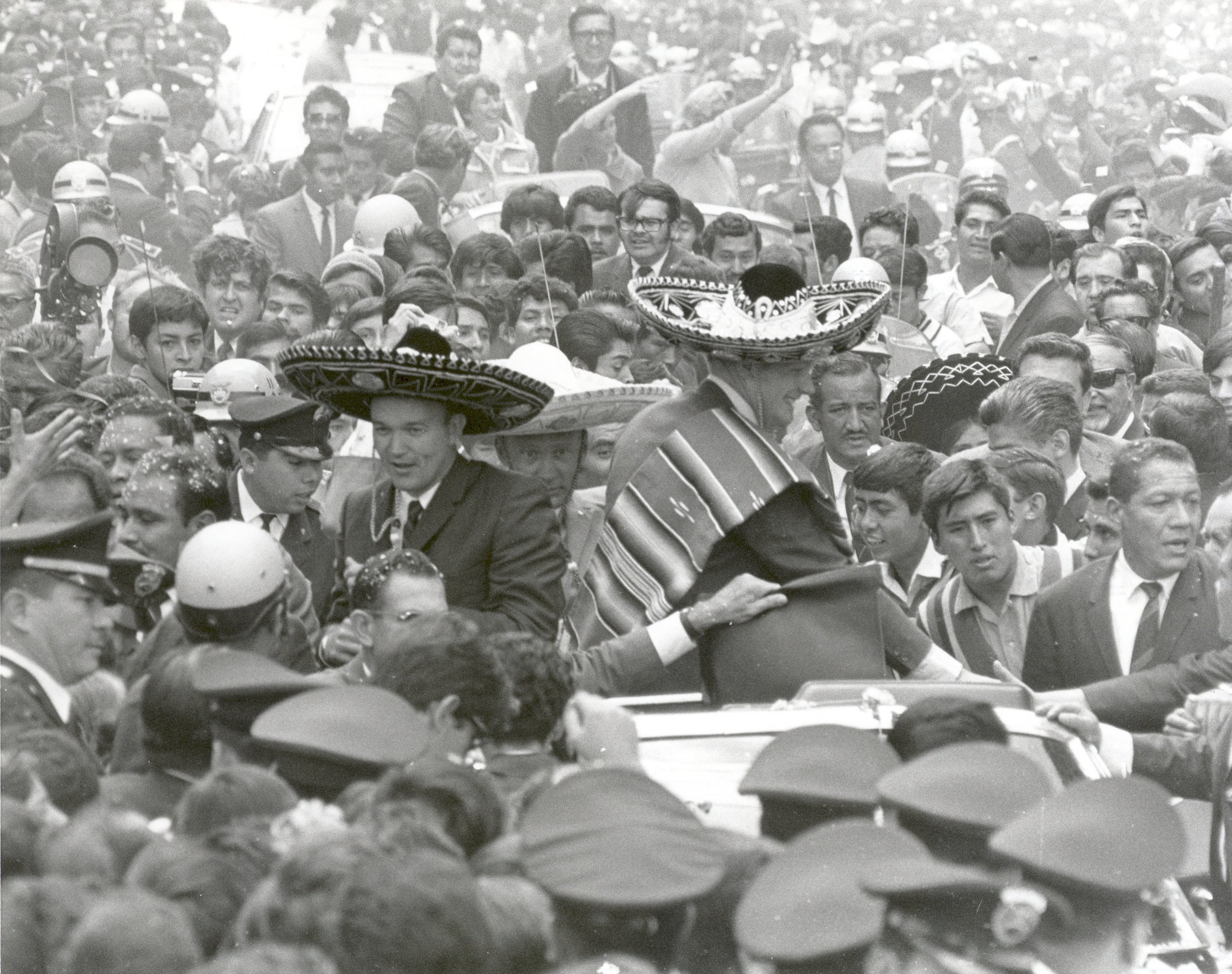 Cheering crowds meet the Apollo 13 astronauts in Mexico City on Sept. 23, 1969.