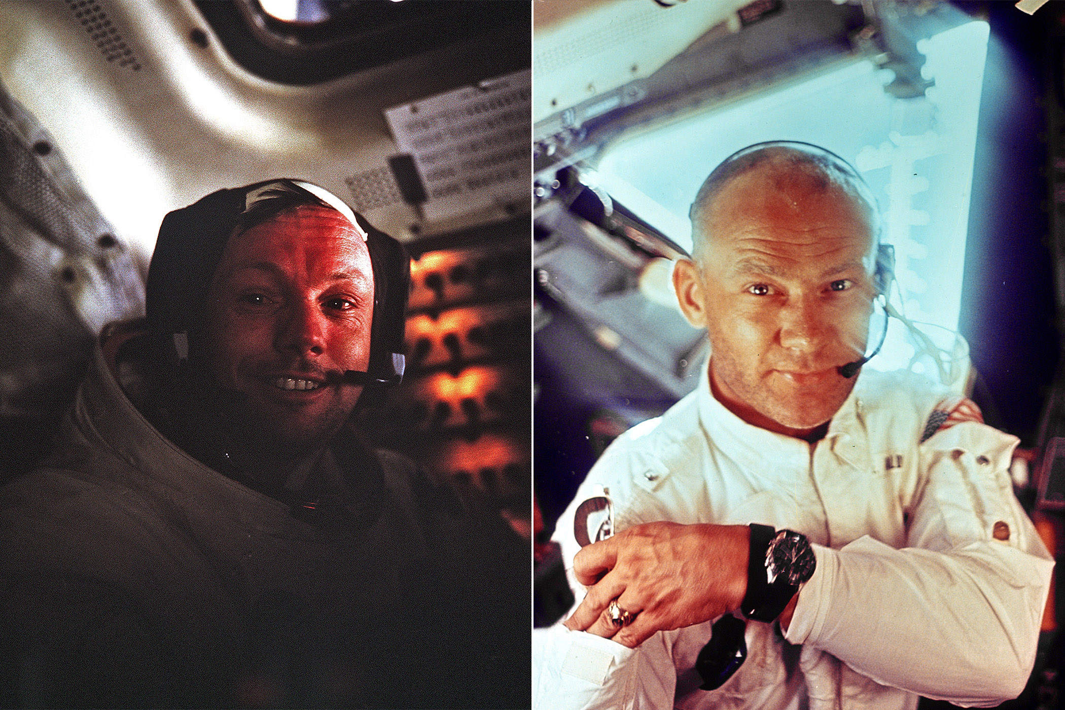 Astronauts Neil Armstrong (L) and Buzz Aldrin (R), pictured shortly after getting back  to the Eagle lunar module from the Moon surface on July 21, 1969. 