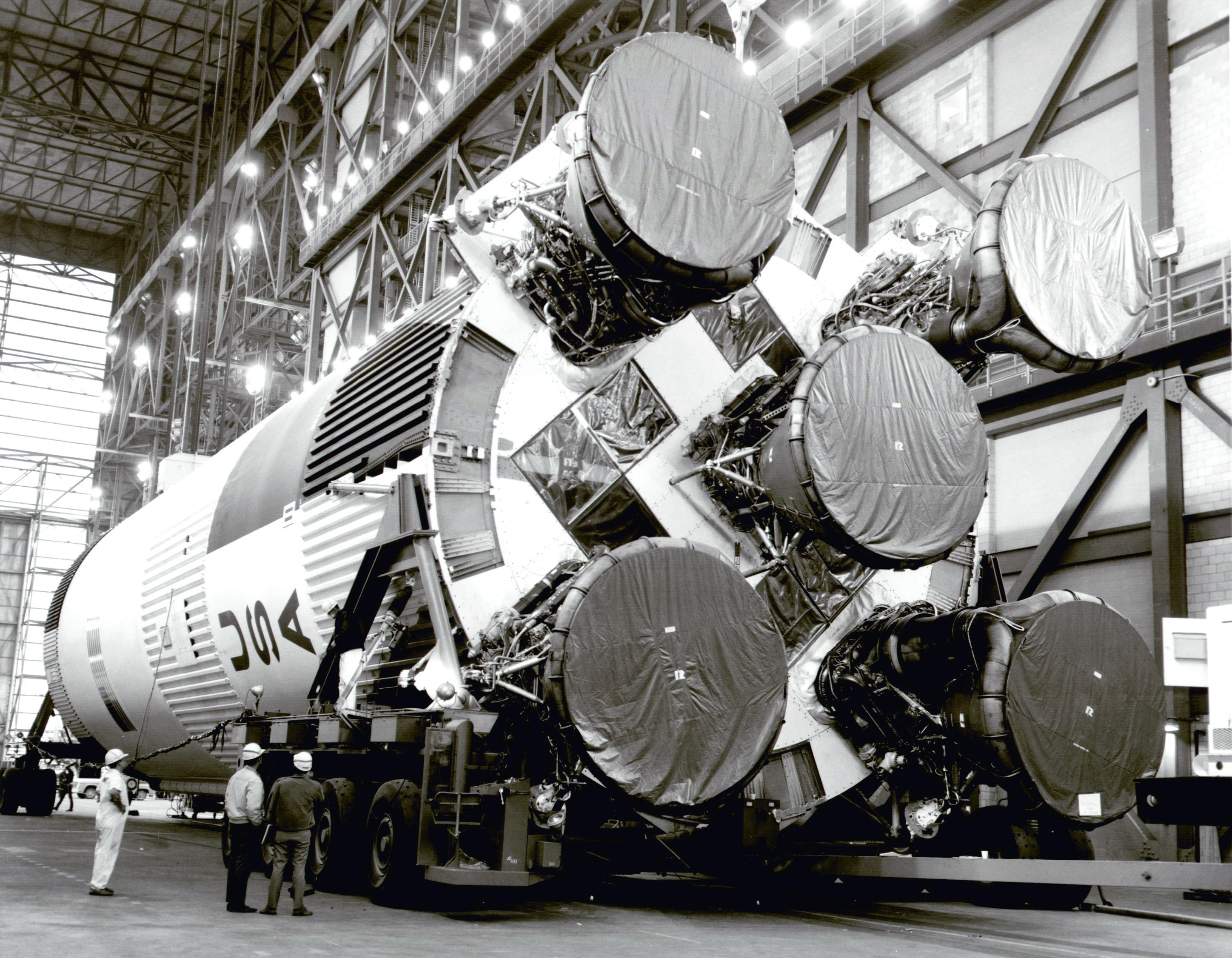 The S-1C booster for the Apollo 11 Saturn V waits inside the Vehicle Assembly Building at NASA&#8217;s Kennedy Space Center in Florida on February 21, 1969.