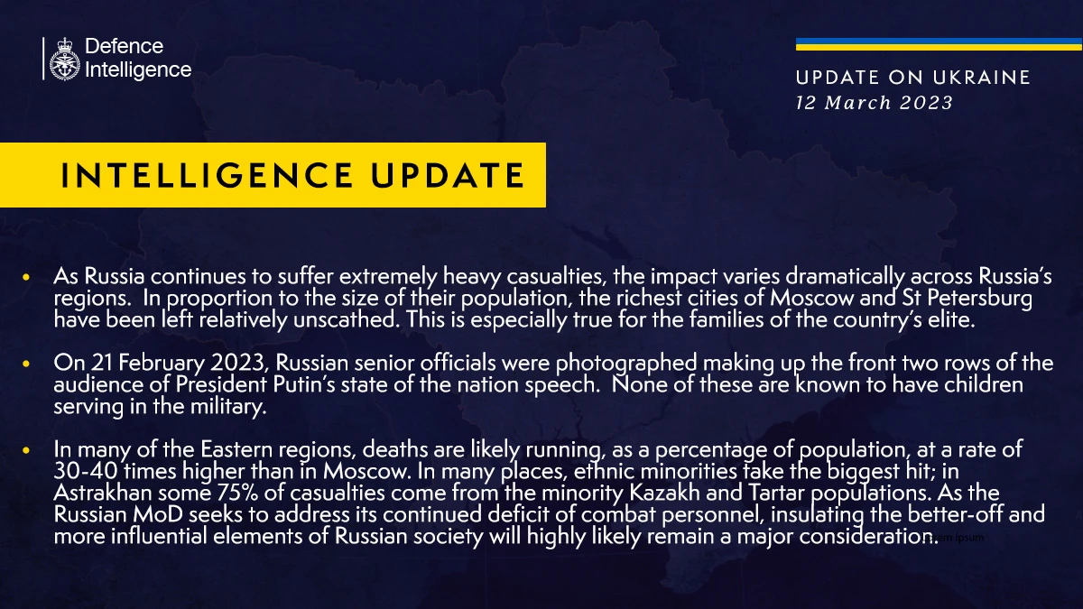 British Defence Intelligence Update Ukraine – 12 March 2023