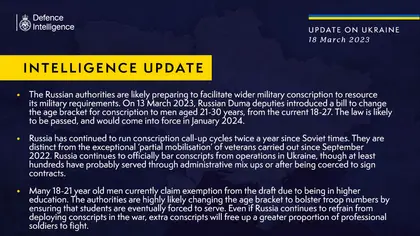 British Defence Intelligence Update Ukraine – 18 March 2023