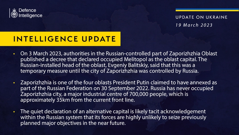 British Defence Intelligence Update Ukraine – 19 March 2023