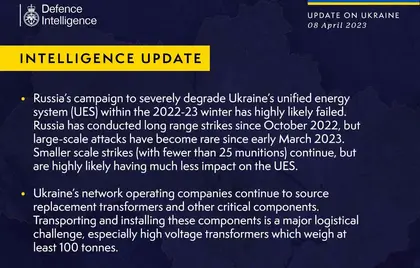 British Defence Intelligence Update Ukraine - 8 April 2023