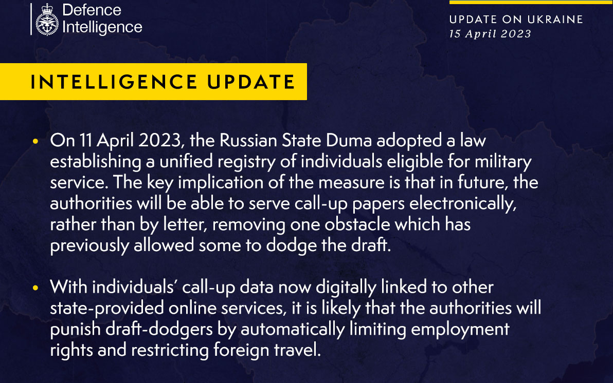 British Defence Intelligence Update Ukraine – 15 April 2023