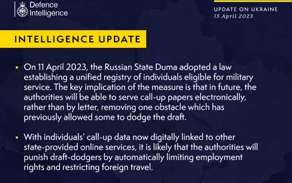 British Defence Intelligence Update Ukraine – 15 April  2023