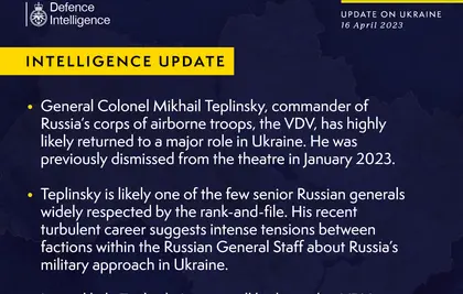 British Defence Intelligence Update Ukraine – 16 April  2023
