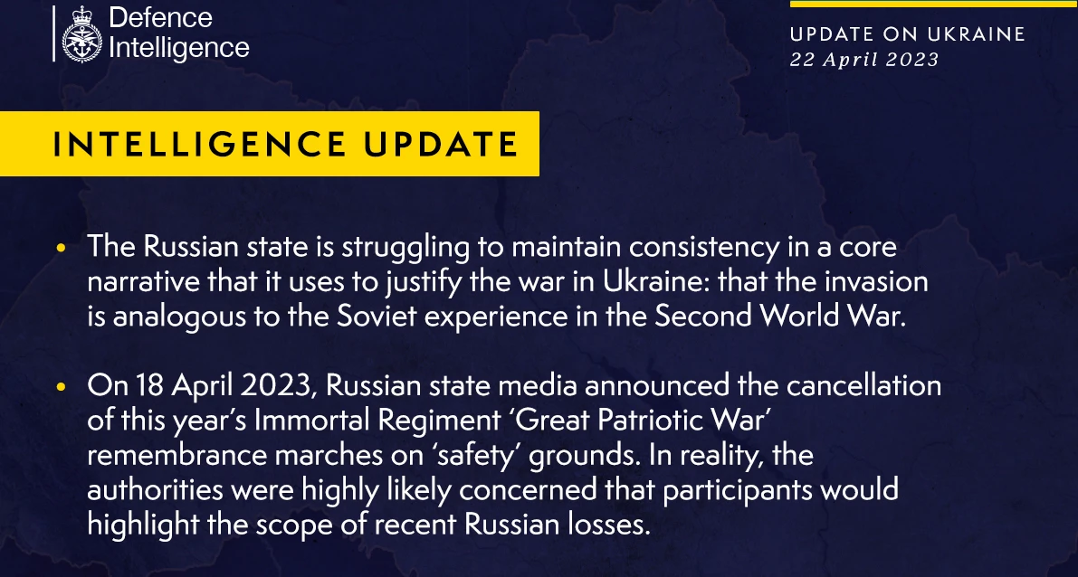 British Defence Intelligence Update Ukraine – 22 April  2023