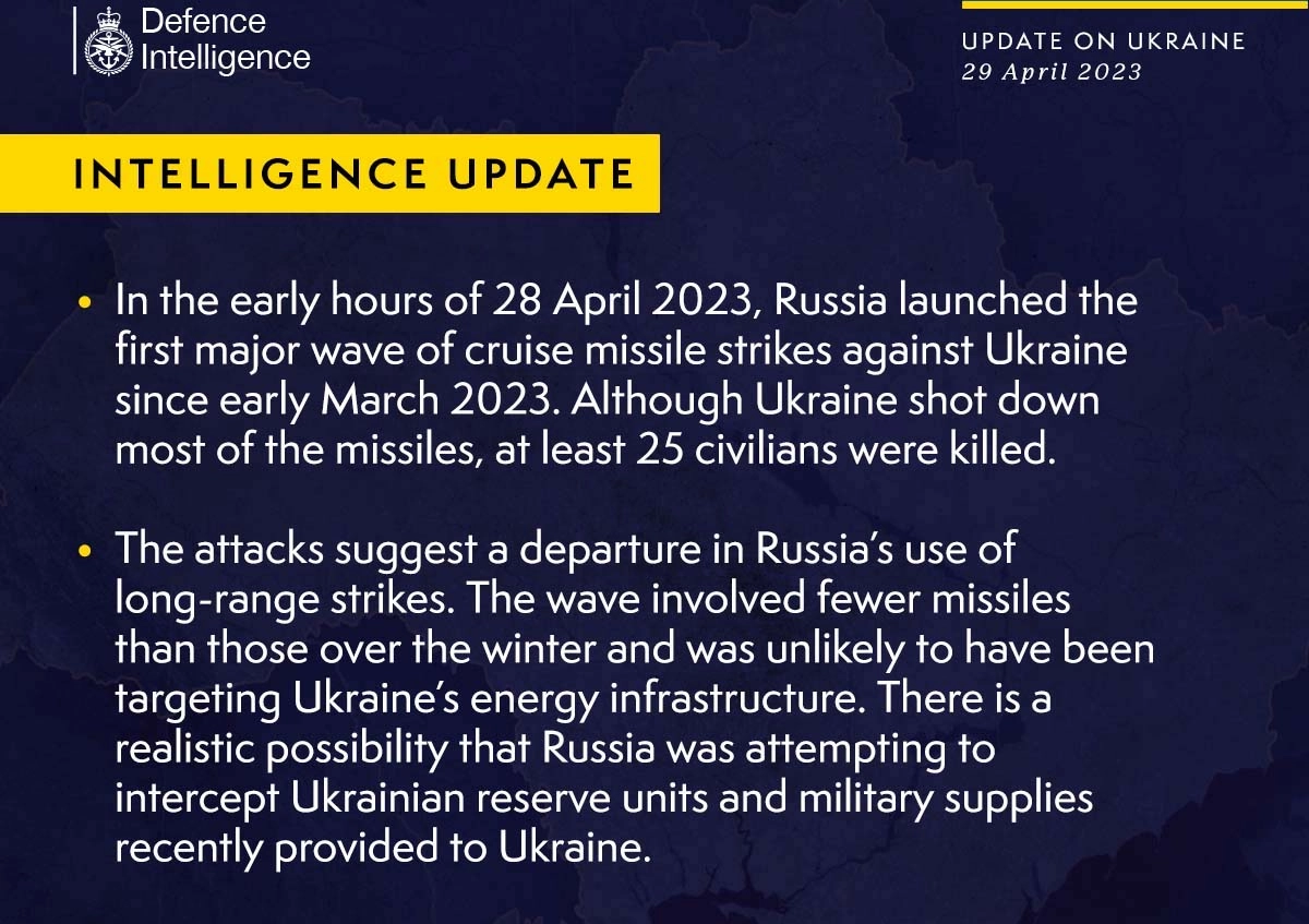 British Defence Intelligence Update Ukraine – 29 April  2023