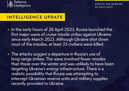 British Defence Intelligence Update Ukraine – 29 April  2023