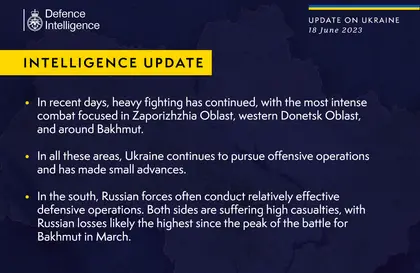 British Defence Intelligence Update Ukraine 18 June 2023