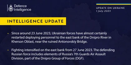 British Defence Intelligence Update Ukraine 1 July 2023