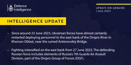 British Defence Intelligence Update Ukraine 1 July 2023