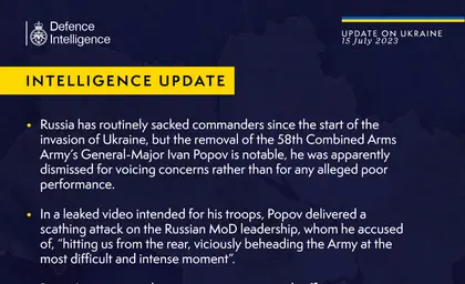 British Defence Intelligence Update Ukraine 15 July 2023