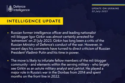 British Defence Intelligence Update Ukraine 22 July 2023