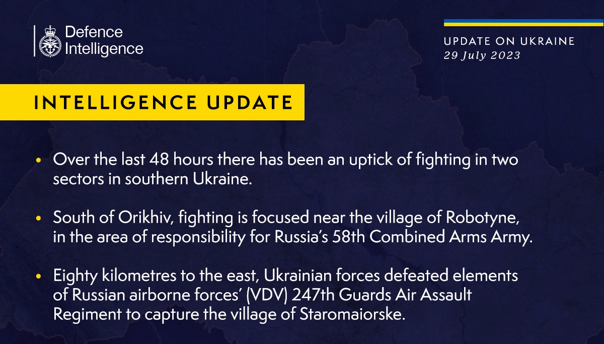 British Defence Intelligence Update Ukraine 29 July 2023