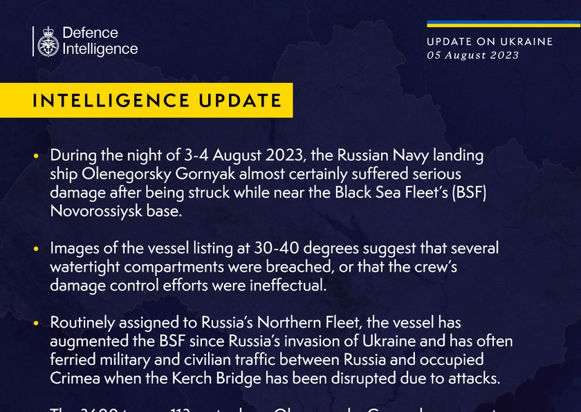 British Defence Intelligence Update Ukraine 5 August 2023