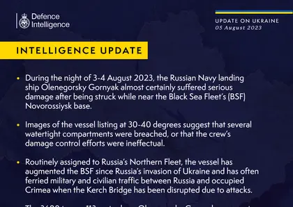 British Defence Intelligence Update Ukraine 5 August 2023