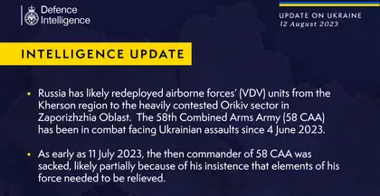 British Defence Intelligence Update Ukraine 12 August 2023