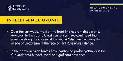 British Defence Intelligence Update Ukraine 19 August 2023