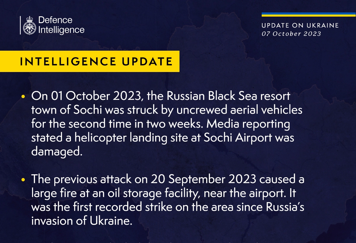 British Defence Intelligence Update Ukraine 7 October 2023