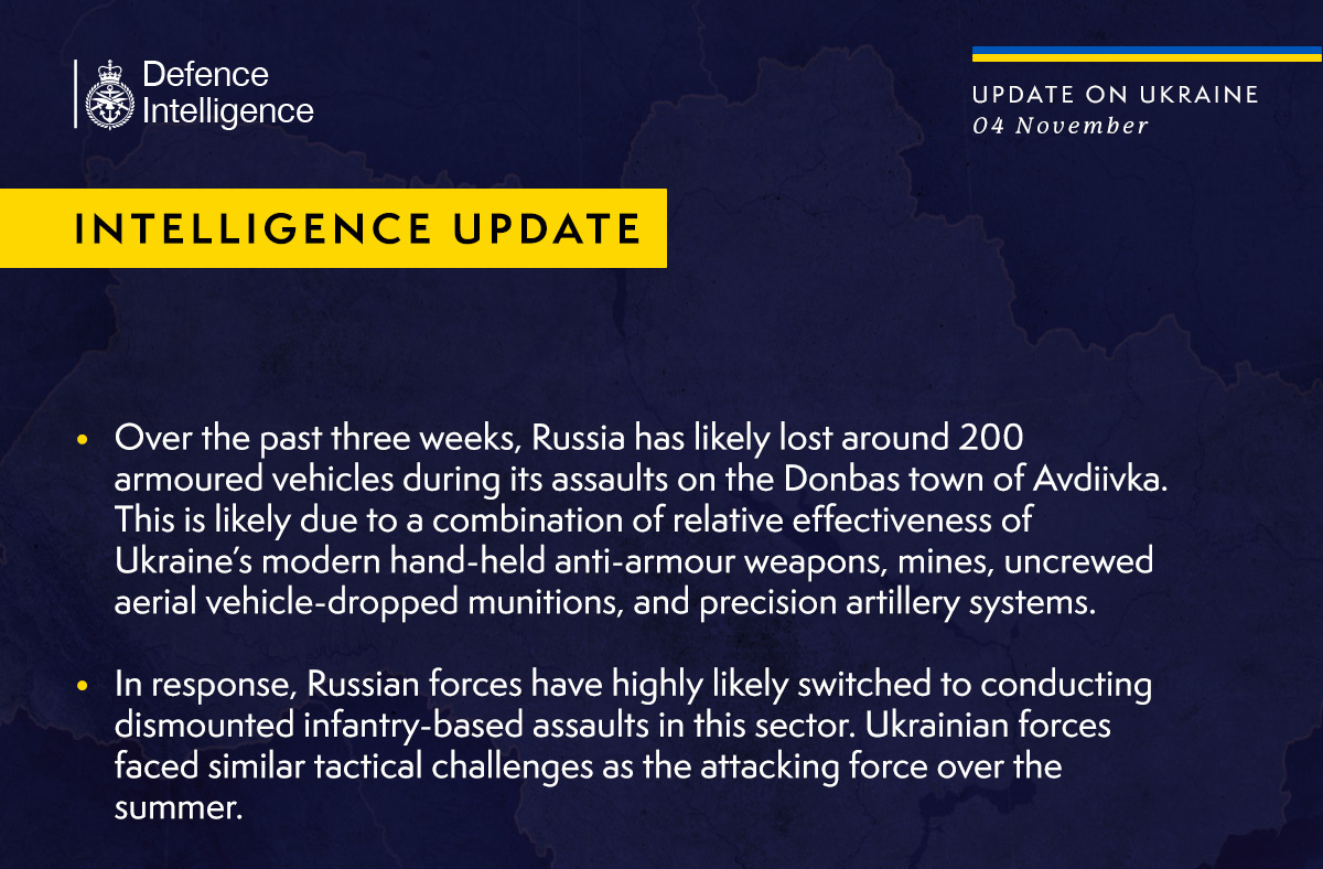 British Defence Intelligence Update Ukraine 4 November 2023 British Defence Intelligence Update Ukraine 4 November 2023