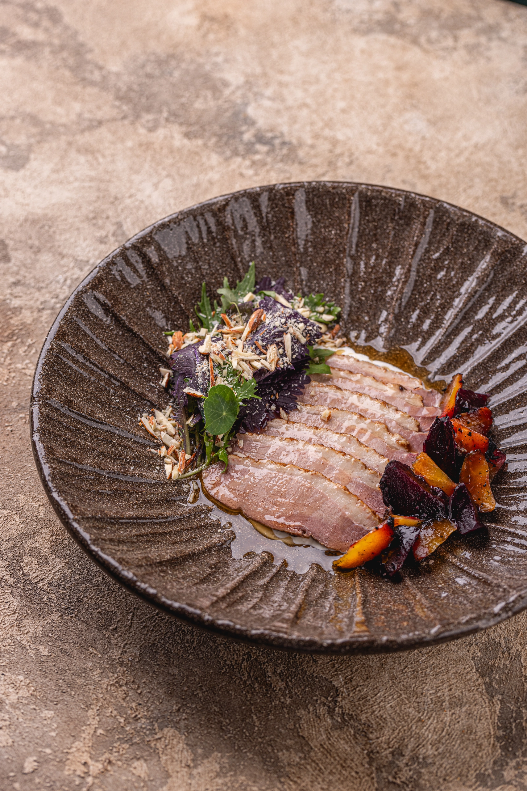 Smoked duck fillet with baked beets and turnip