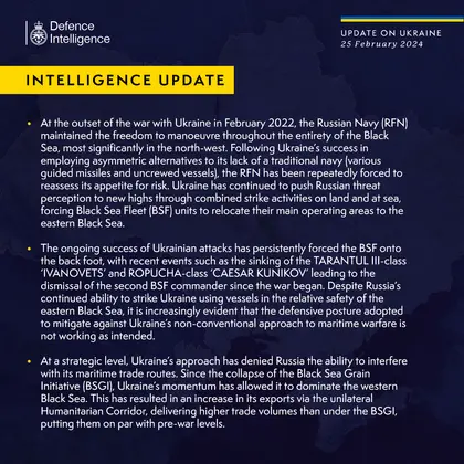 British Defence Intelligence Update Ukraine 25 February 2023