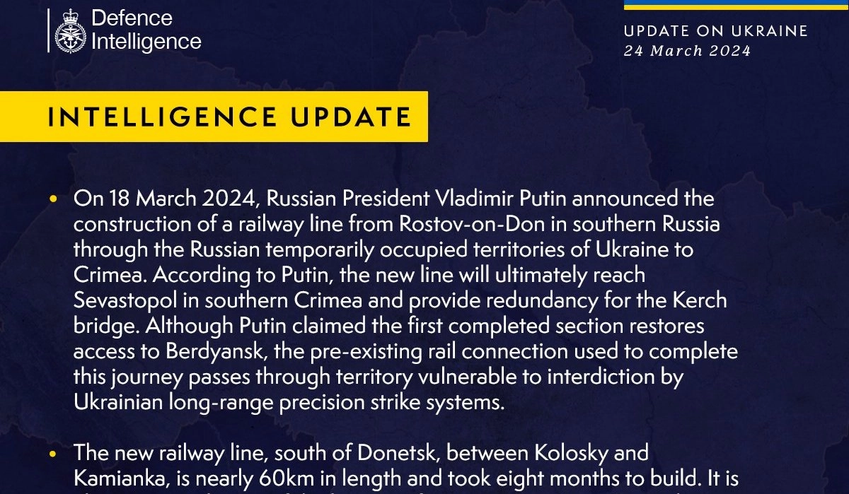 British Defence Intelligence Update Ukraine 24 March 2024