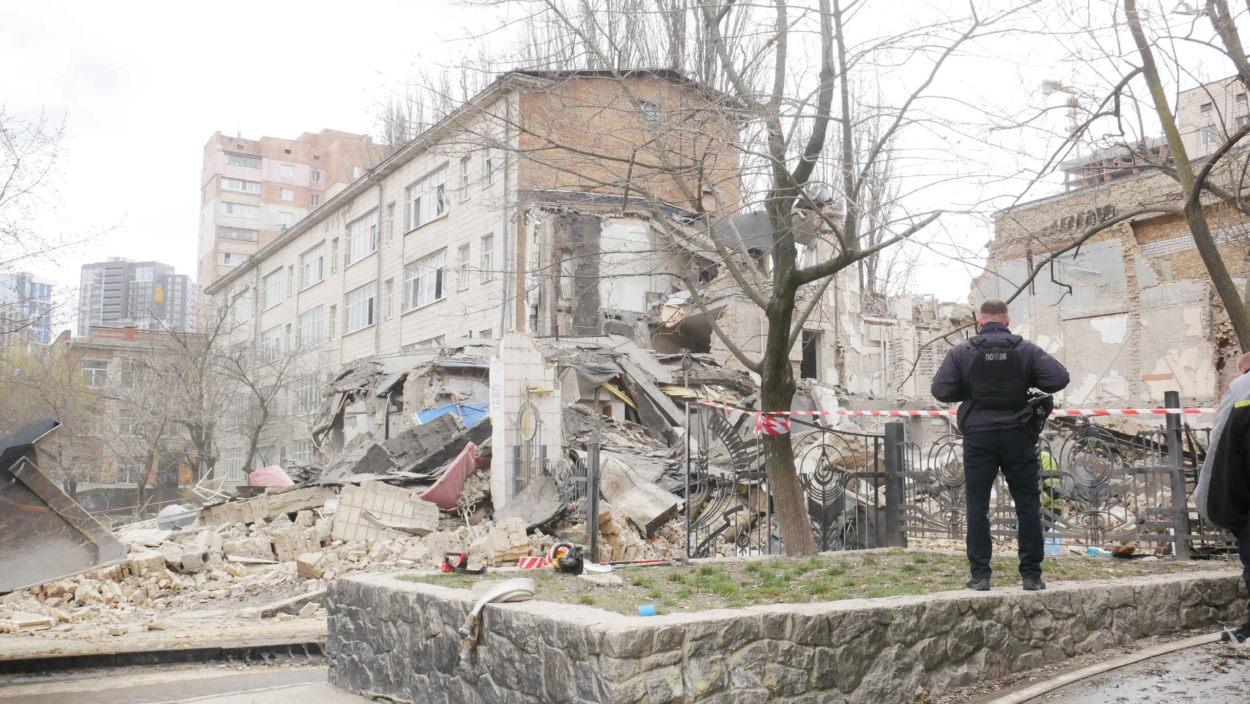 Russian Missile Debris Leaves Massive Hole in Central Kyiv Building