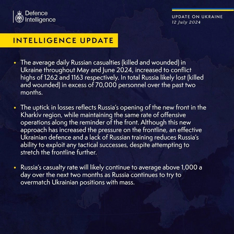 British Defence Intelligence Update Ukraine 12 July 2024