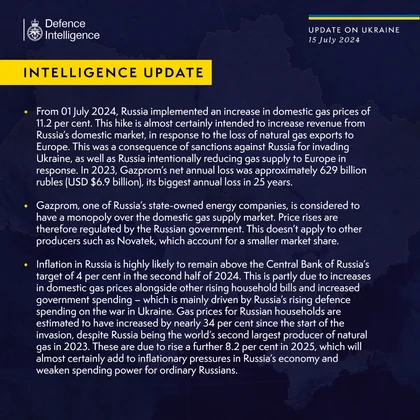 British Defence Intelligence Update Ukraine 15 July 2024