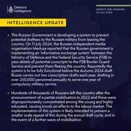 British Defence Intelligence Update Ukraine 16 July 2024