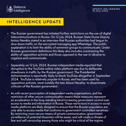 British Defence Intelligence Update Ukraine 18 July 2024