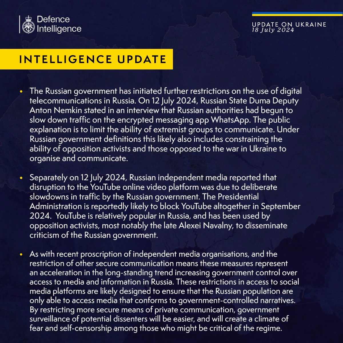 British Defence Intelligence Update Ukraine 18 July 2024