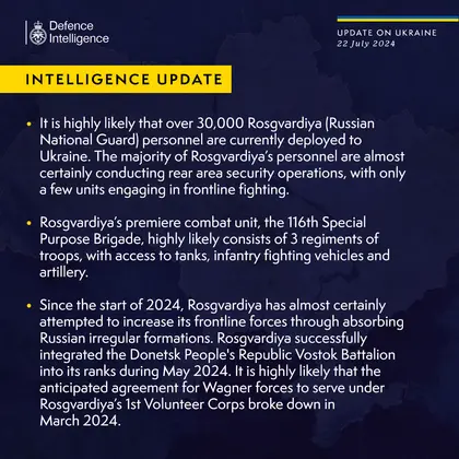 British Defence Intelligence Update Ukraine 22 July 2024