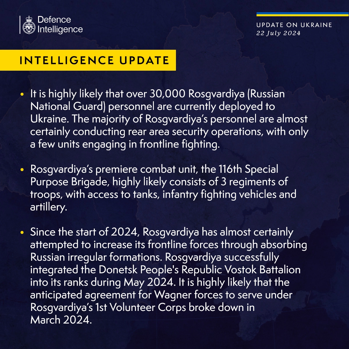 British Defence Intelligence Update Ukraine 22 July 2024