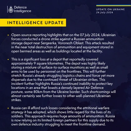 British Defence Intelligence Update Ukraine 24 July 2024