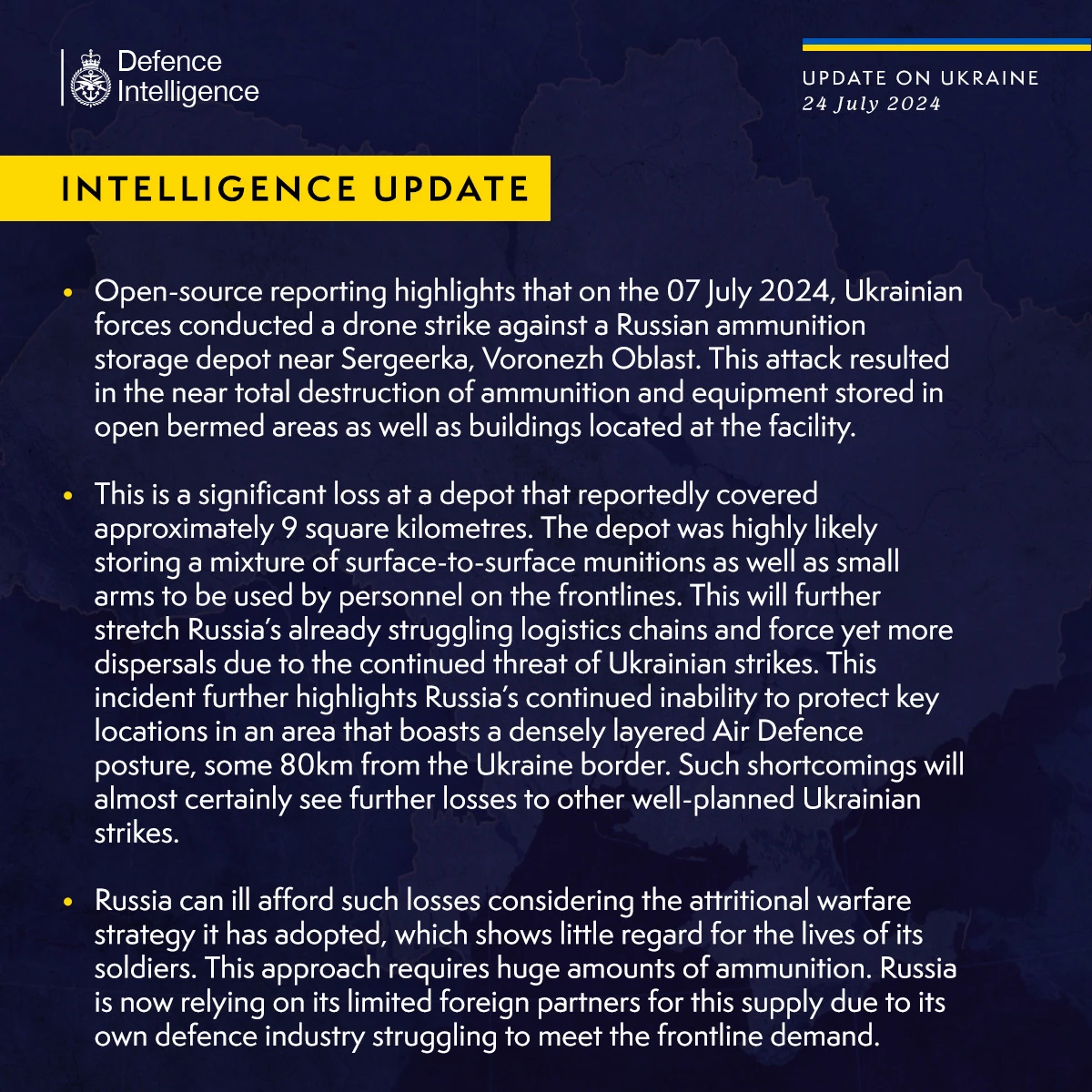 British Defence Intelligence Update Ukraine 24 July 2024